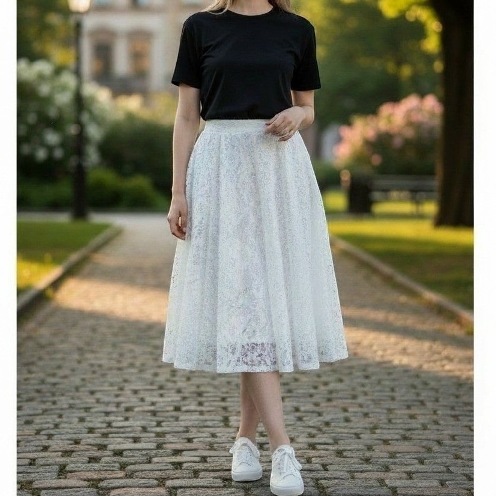 Cato Floral Lace Midi Skirt Women 6 White Fairy Core Coquette Spring Summer Chic
